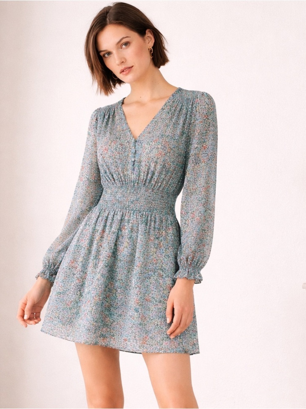 7 For All Mankind Blue Floral V-Neck Smocked Mini Dress